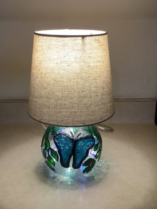 Hand Crafted Other - New, HandPainted Stained glass Turquoise Butterfly and Vines lamp